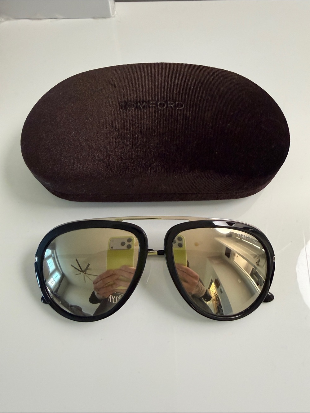 Tom Ford Stacy Aviator Black Sunglasses with Gold Accents and Mirrored Lenses